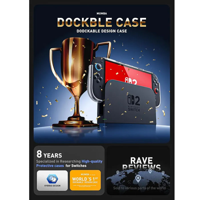 Docking infographic showing the Mumba Blade Clear case for Nintendo Switch 2 on a console in its dock beside a trophy graphic.