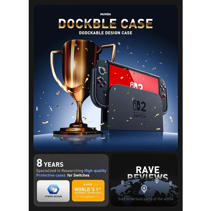 Docking infographic showing the Mumba Blade Clear case for Nintendo Switch 2 on a console in its dock beside a trophy graphic.