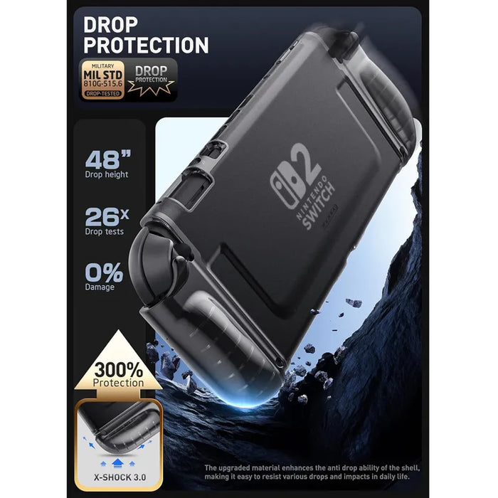 Drop-protection illustration of the Mumba Blade Clear Frost Black case for Nintendo Switch 2, with a close-up of the case corner.