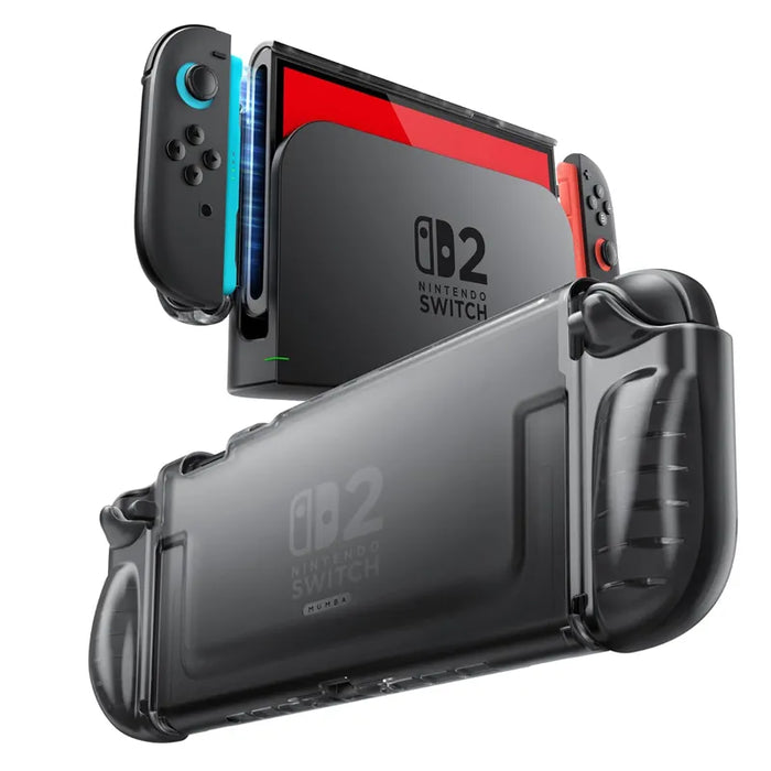 Mumba Blade Clear Frost Black case for Nintendo Switch 2, shown from the rear and on a docked console with one Joy-Con lifted.