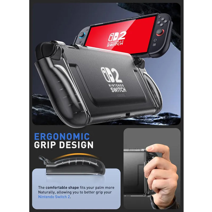 Mumba Blade Clear Frost Black case for Nintendo Switch 2, with front and rear views, a curved grip profile and a hand holding the case.