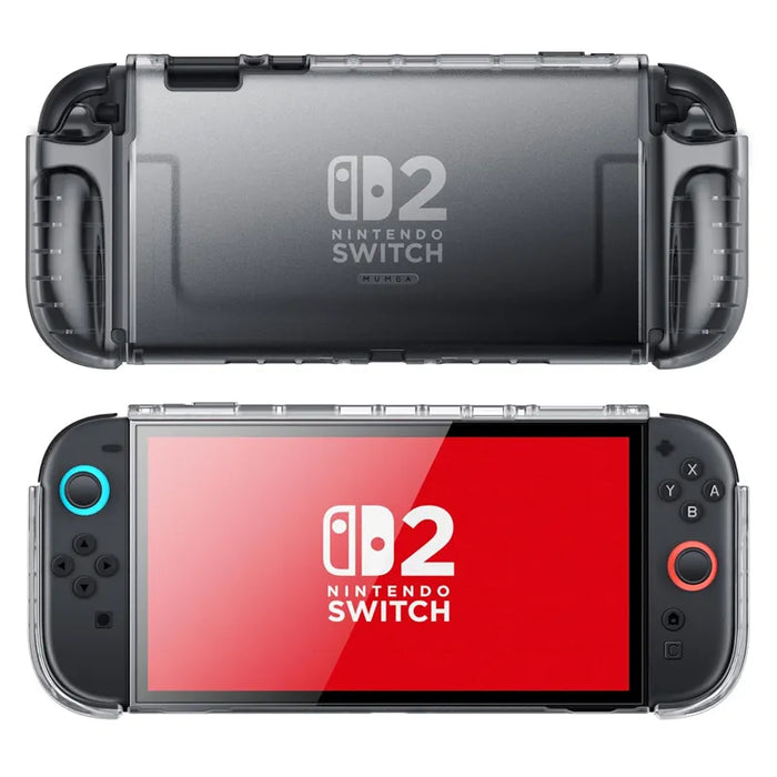 Front and rear views of the Mumba Blade Clear Frost Black case for Nintendo Switch 2, showing the translucent shell and rounded grips.