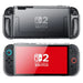 Front and rear views of the Mumba Blade Clear Frost Black case for Nintendo Switch 2, showing the translucent shell and rounded grips.