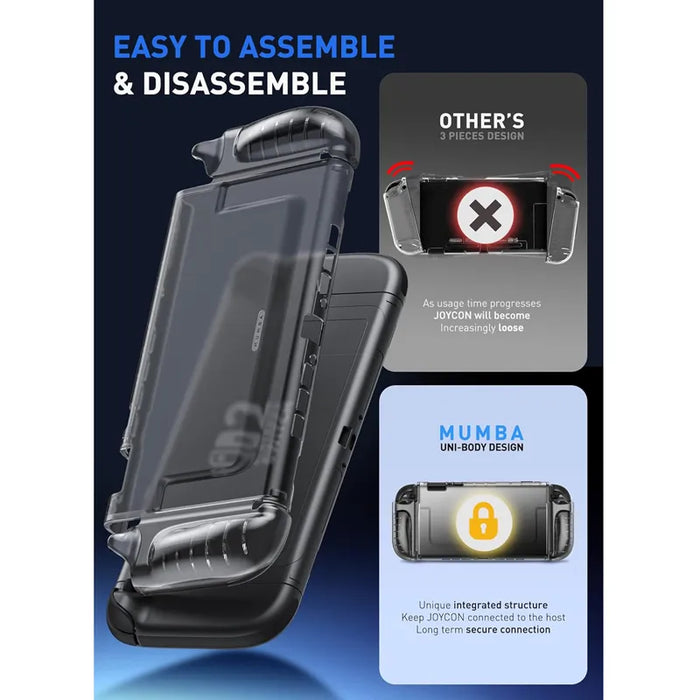 Mumba Blade Clear Frost Black case for Nintendo Switch 2 in a one-piece construction infographic comparing the shell with a three-piece case design.