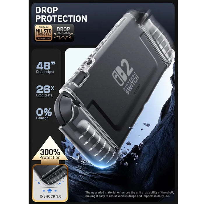 Drop-protection illustration of the Mumba Blade Clear Frost case for Nintendo Switch 2, with a close-up of the case corner.
