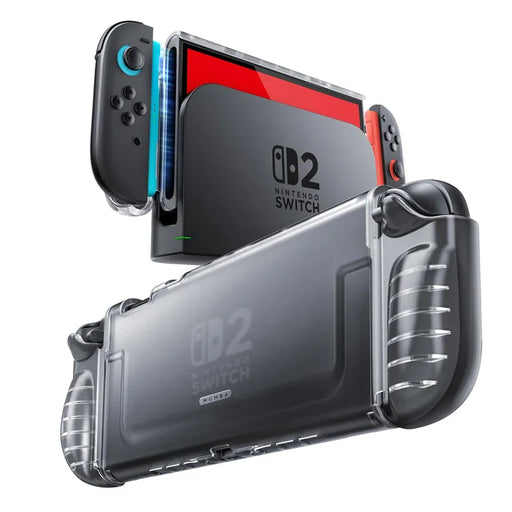 Mumba Blade Clear Frost case for Nintendo Switch 2, shown from the rear and on a docked console with one Joy-Con lifted.