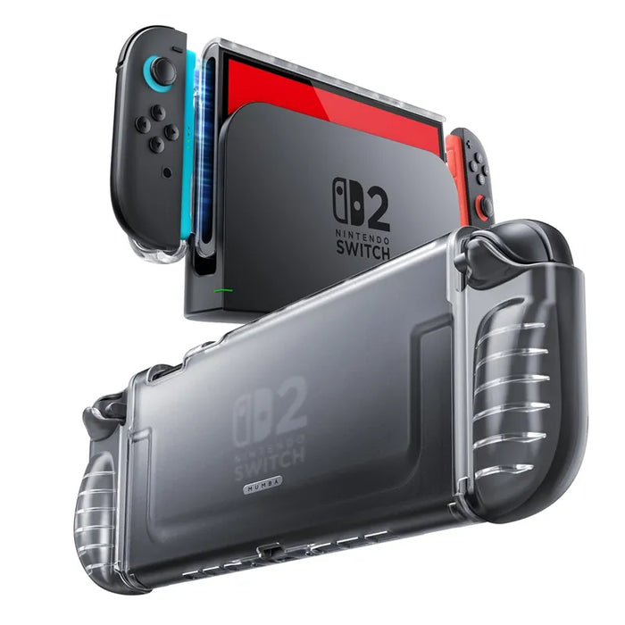 Mumba Blade Clear Frost case for Nintendo Switch 2, shown from the rear and on a docked console with one Joy-Con lifted.