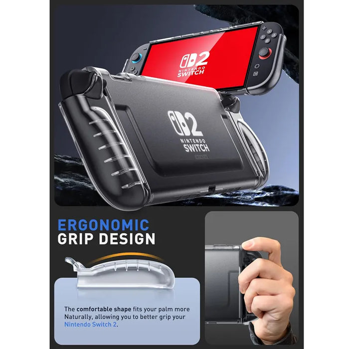 Mumba Blade Clear Frost case for Nintendo Switch 2, with front and rear views, a curved grip profile and a hand holding the case.