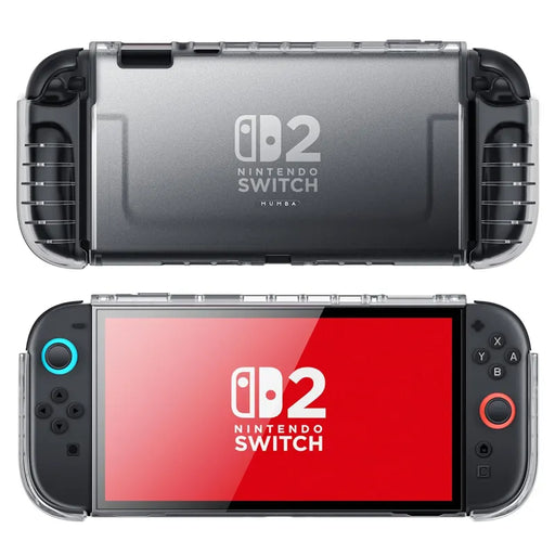 Front and rear views of the Mumba Blade Clear Frost case for Nintendo Switch 2, showing the translucent shell and rounded grips.