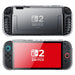 Front and rear views of the Mumba Blade Clear Frost case for Nintendo Switch 2, showing the translucent shell and rounded grips.