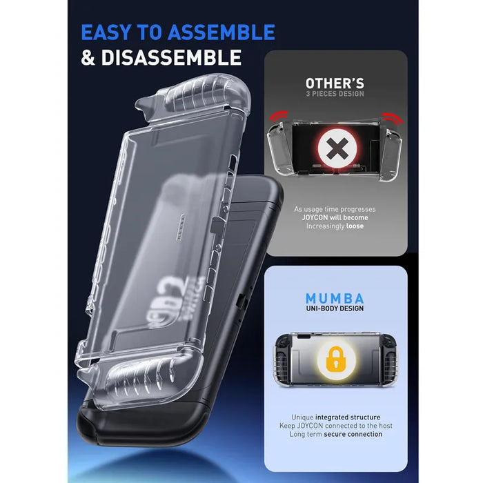 Mumba Blade Clear Frost case for Nintendo Switch 2 in a one-piece construction infographic comparing the shell with a three-piece case design.