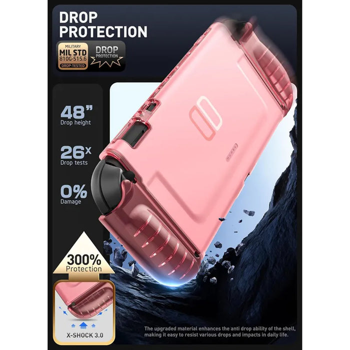 Drop-protection illustration of the Mumba Blade Clear Pink case for Nintendo Switch 2, with a close-up of the case corner.
