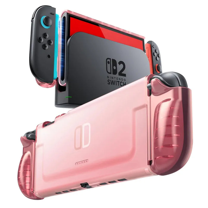 Mumba Blade Clear Pink case for Nintendo Switch 2, shown from the rear and on a docked console with one Joy-Con lifted.