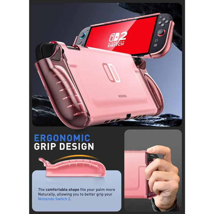 Mumba Blade Clear Pink case for Nintendo Switch 2, with front and rear views, a curved grip profile and a hand holding the case.