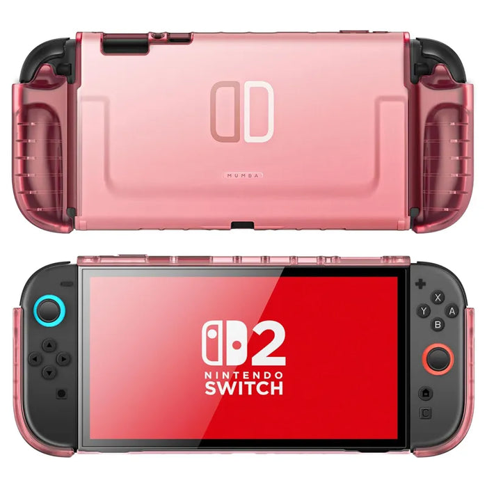 Front and rear views of the Mumba Blade Clear Pink case for Nintendo Switch 2, showing the translucent shell and rounded grips.