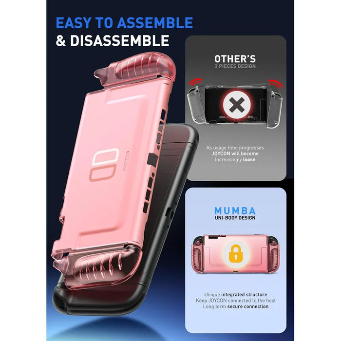 Mumba Blade Clear Pink case for Nintendo Switch 2 in a one-piece construction infographic comparing the shell with a three-piece case design.