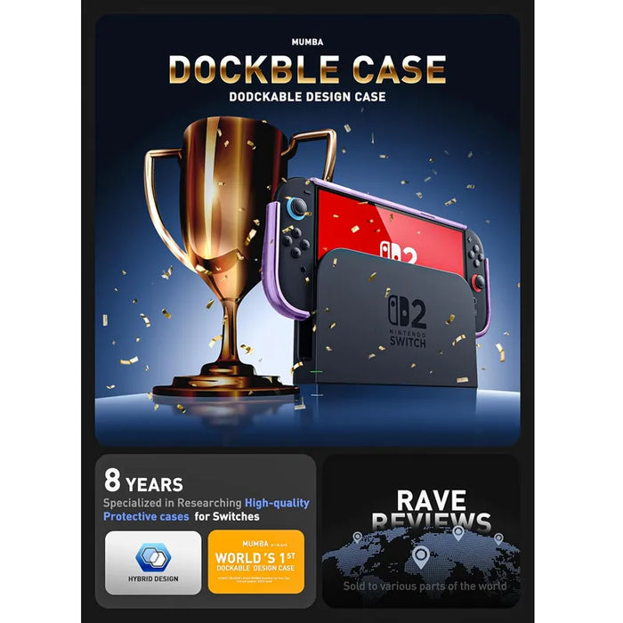 Docking infographic showing the Mumba Blade Clear Purple case for Nintendo Switch 2 on a console in its dock beside a trophy graphic.