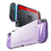 Mumba Blade Clear Purple case for Nintendo Switch 2, shown from the rear and on a docked console with one Joy-Con lifted.