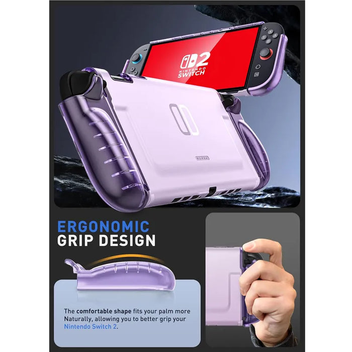 Mumba Blade Clear Purple case for Nintendo Switch 2, with front and rear views, a curved grip profile and a hand holding the case.