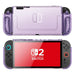 Front and rear views of the Mumba Blade Clear Purple case for Nintendo Switch 2, showing the translucent shell and rounded grips.