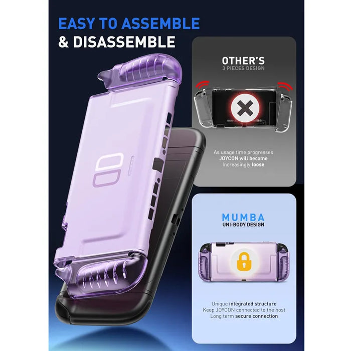 Mumba Blade Clear Purple case for Nintendo Switch 2 in a one-piece construction infographic comparing the shell with a three-piece case design.