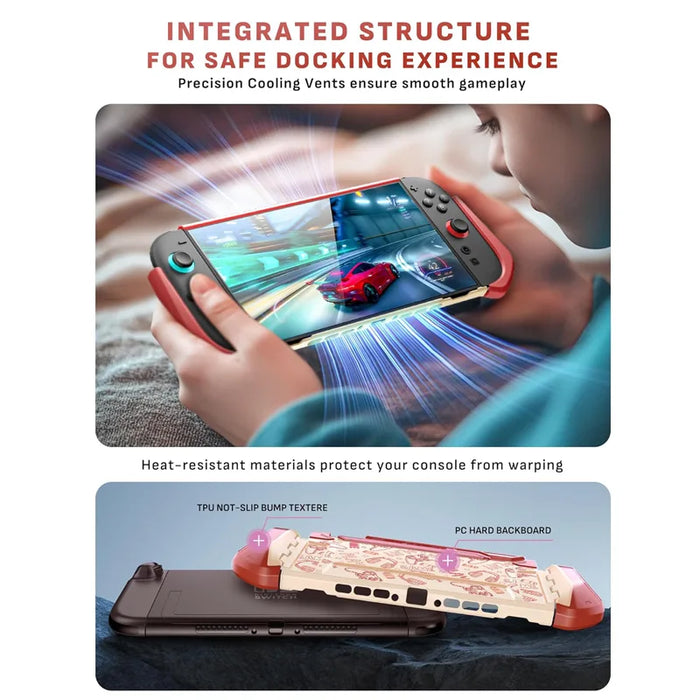Mumba Blade Arcade case for Nintendo Switch 2 shown during handheld play, with an exploded diagram of the TPU grip frame and PC back panel.