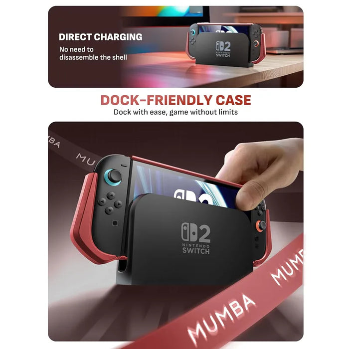 Docking guide showing the Mumba Blade Arcade case for Nintendo Switch 2 being lowered into a Nintendo Switch 2 dock.