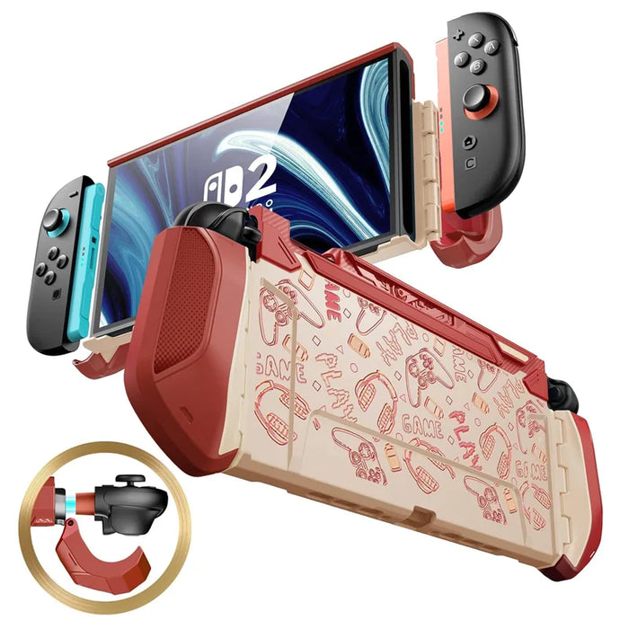 Front and rear views of the Mumba Blade Arcade case for Nintendo Switch 2, red and cream with gaming doodles, with a Joy-Con release detail.