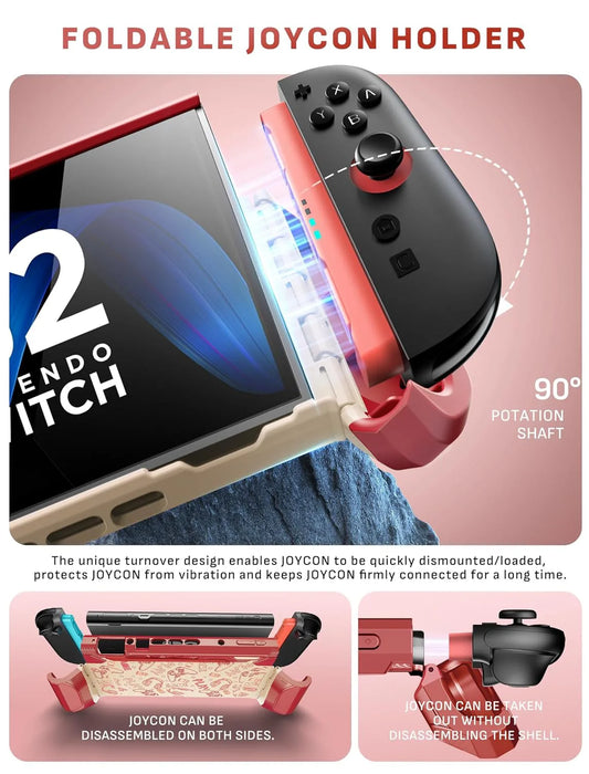 Mumba Blade Arcade case for Nintendo Switch 2 with a hinged Joy-Con holder folded down and diagrams showing controller removal.