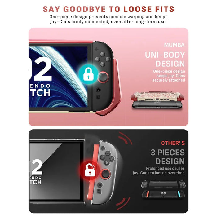 One-piece construction infographic for the Mumba Blade Arcade Switch 2 case, compared with a three-piece case design.