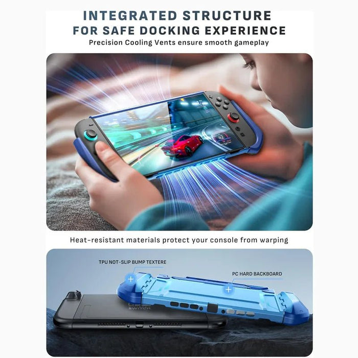 Mumba Blade Blue case for Nintendo Switch 2 shown during handheld play, with an exploded diagram of the TPU grip frame and PC back panel.