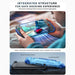 Mumba Blade Blue case for Nintendo Switch 2 shown during handheld play, with an exploded diagram of the TPU grip frame and PC back panel.