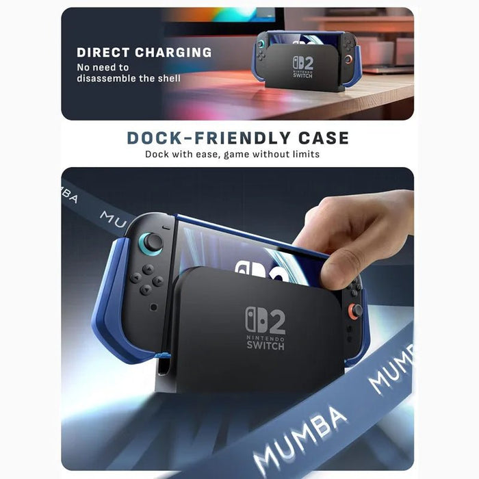 Docking guide showing the Mumba Blade Blue case for Nintendo Switch 2 being lowered into a Nintendo Switch 2 dock.