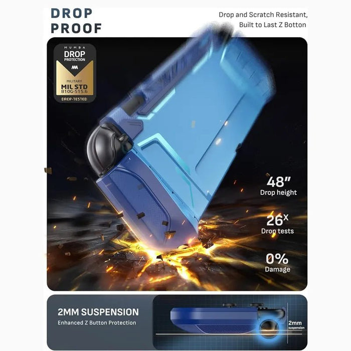 Drop-protection illustration of the Mumba Blade Blue case for Nintendo Switch 2, with a close-up of the raised Z-button edge.