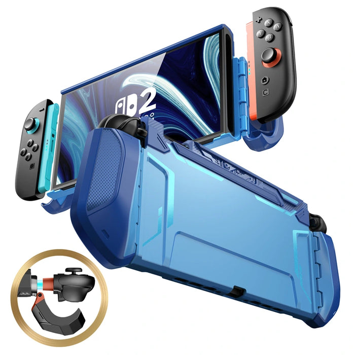 Front and rear views of the Mumba Blade Blue case for Nintendo Switch 2, blue, with a Joy-Con release detail.