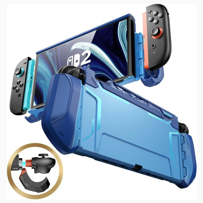 Front and rear views of the Mumba Blade Blue case for Nintendo Switch 2, blue, with a Joy-Con release detail.