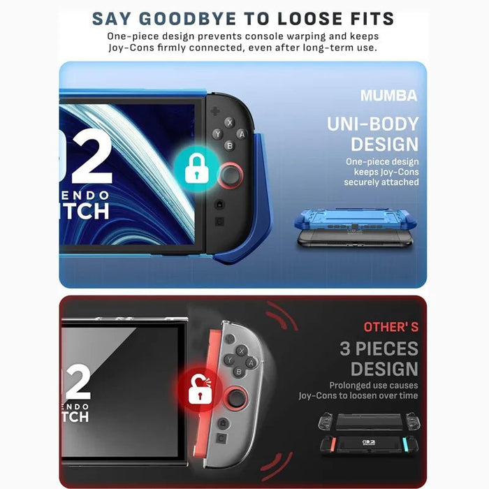 One-piece construction infographic for the Mumba Blade Blue Switch 2 case, compared with a three-piece case design.