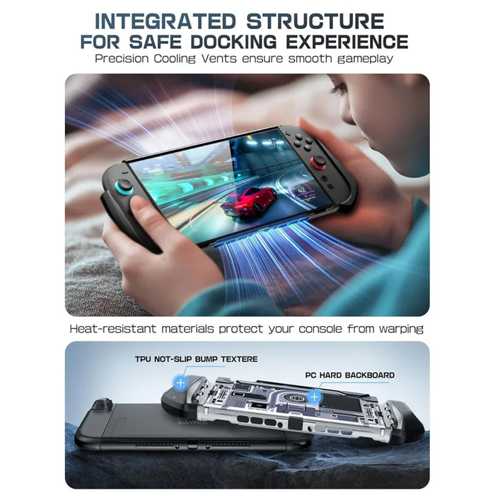 Mumba Blade Circuit case for Nintendo Switch 2 shown during handheld play, with an exploded diagram of the TPU grip frame and PC back panel.