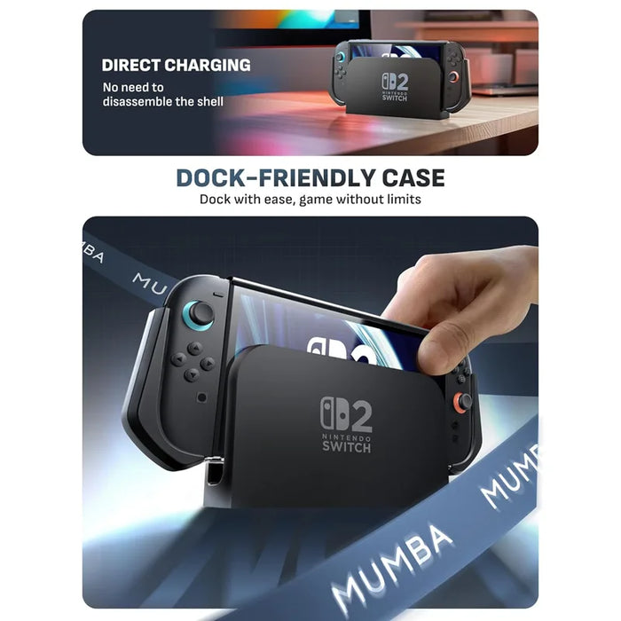 Docking guide showing the Mumba Blade Circuit case for Nintendo Switch 2 being lowered into a Nintendo Switch 2 dock.