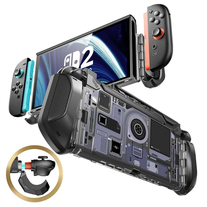 Front and rear views of the Mumba Blade Circuit case for Nintendo Switch 2, black with a printed electronic-component pattern, with a Joy-Con release detail.