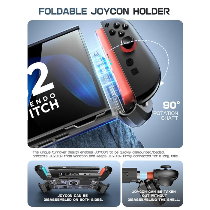 Mumba Blade Circuit case for Nintendo Switch 2 with a hinged Joy-Con holder folded down and diagrams showing controller removal.