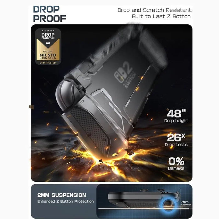 Drop-protection illustration of the Mumba Blade Dark case for Nintendo Switch 2, with a close-up of the raised Z-button edge.