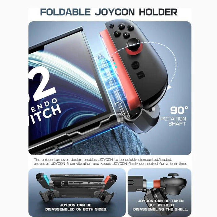 Mumba Blade Dark case for Nintendo Switch 2 with a hinged Joy-Con holder folded down and diagrams showing controller removal.