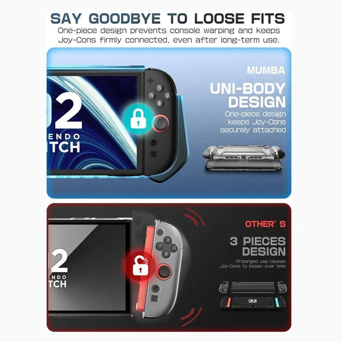 One-piece construction infographic for the Mumba Blade Dark Switch 2 case, compared with a three-piece case design.