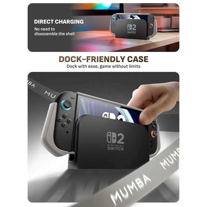 Docking guide showing the Mumba Blade Gamer case for Nintendo Switch 2 being lowered into a Nintendo Switch 2 dock.