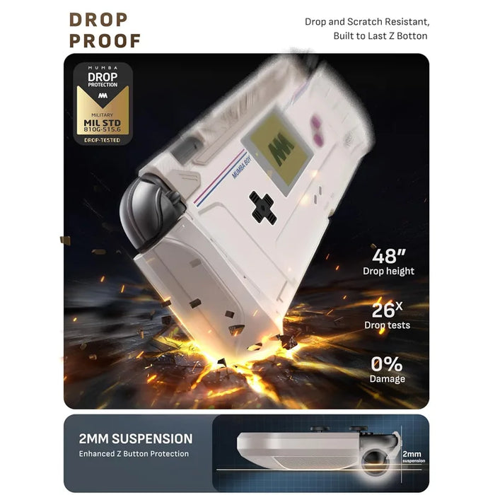 Drop-protection illustration of the Mumba Blade Gamer case for Nintendo Switch 2, with a close-up of the raised Z-button edge.
