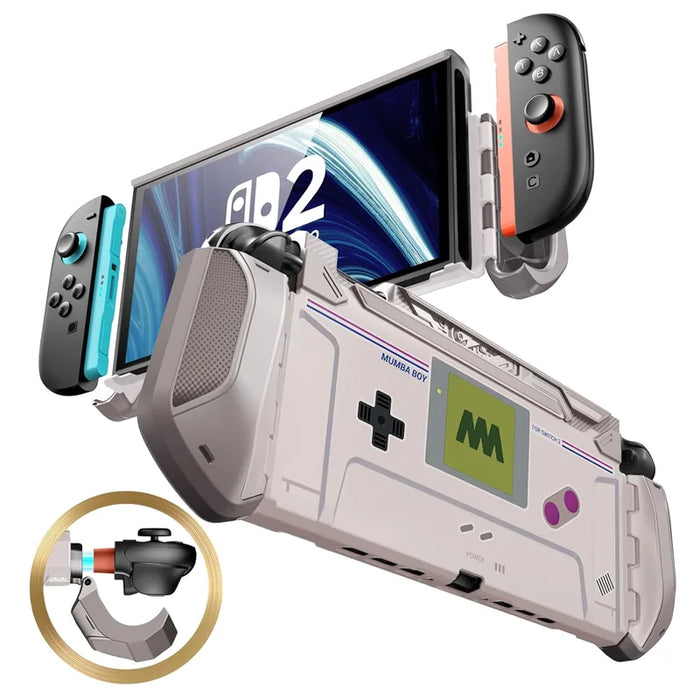 Front and rear views of the Mumba Blade Gamer case for Nintendo Switch 2, cream with a retro handheld-console print, with a Joy-Con release detail.