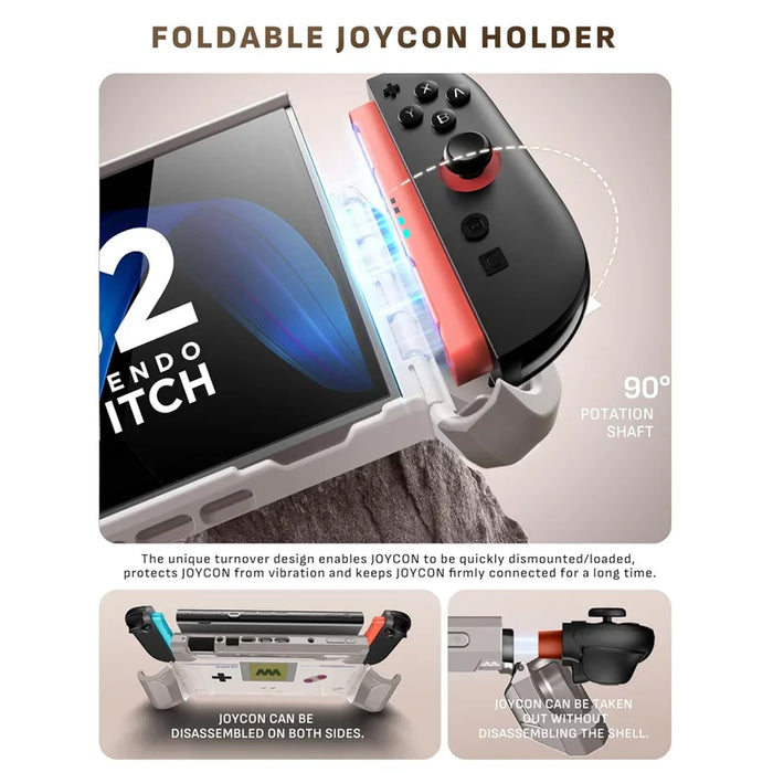 Mumba Blade Gamer case for Nintendo Switch 2 with a hinged Joy-Con holder folded down and diagrams showing controller removal.