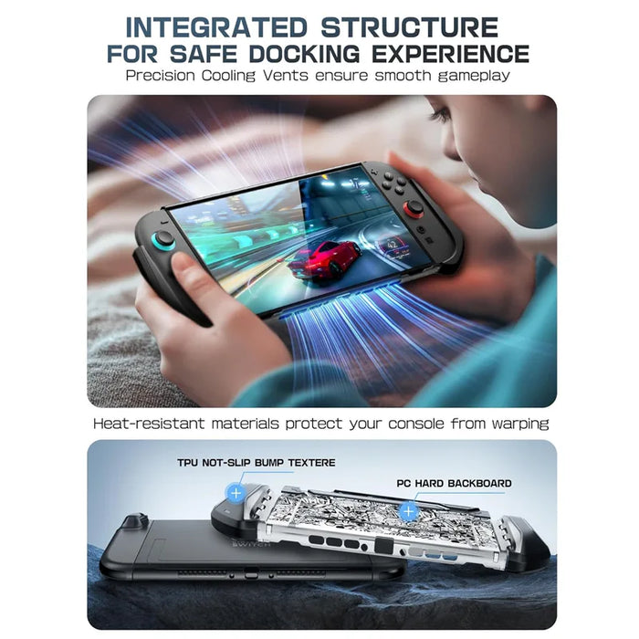 Mumba Blade Mixtape case for Nintendo Switch 2 shown during handheld play, with an exploded diagram of the TPU grip frame and PC back panel.