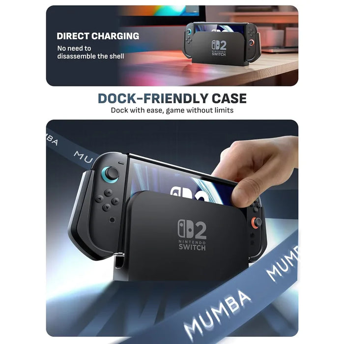 Docking guide showing the Mumba Blade Mixtape case for Nintendo Switch 2 being lowered into a Nintendo Switch 2 dock.